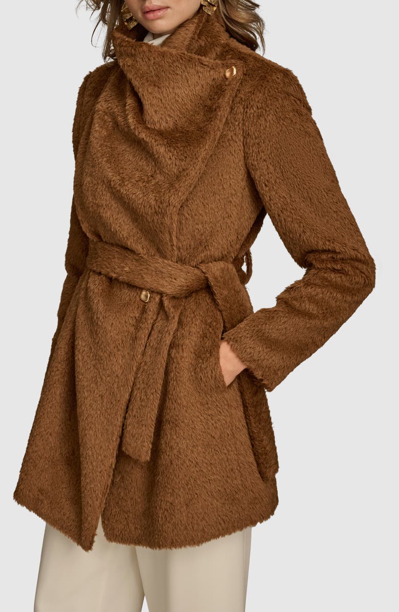 Donna Karan New York Faux Fur Wrap Coat, Alternate, color, Tobacco