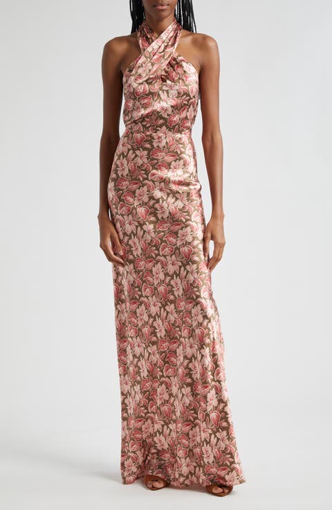 Alberta Floral Halter Neck Silk Blend Maxi Dress