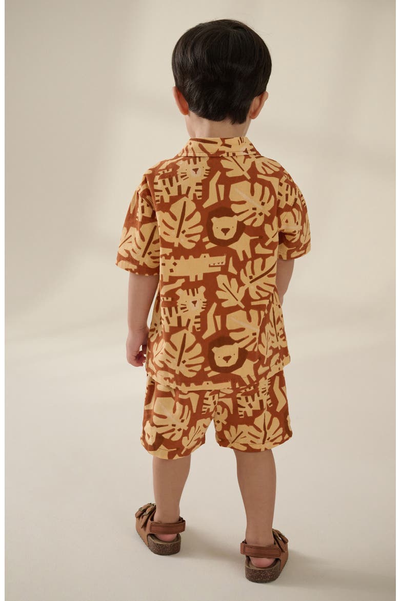 Kids' Safari Print Cotton Camp Shirt & Drawstring Shorts Set, Alternate, color, BROWN