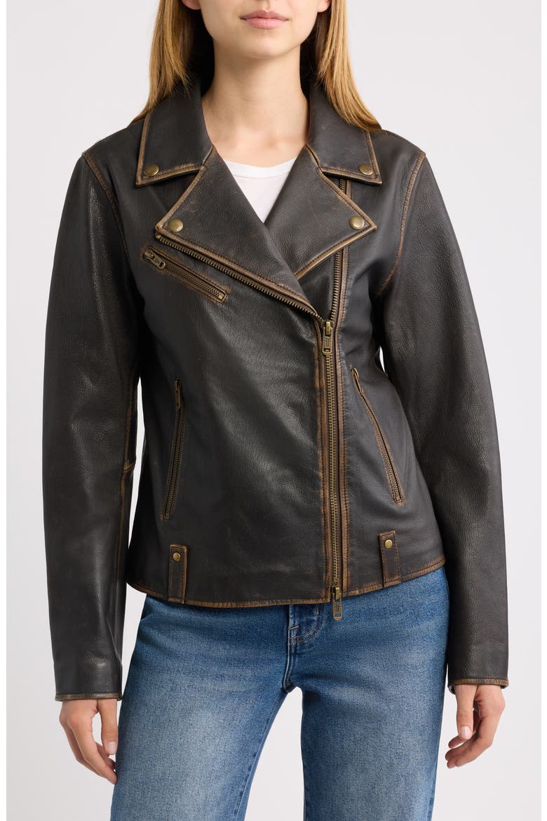 Distressed Leather Moto Jacket, Alternate, color, DARK BROWN