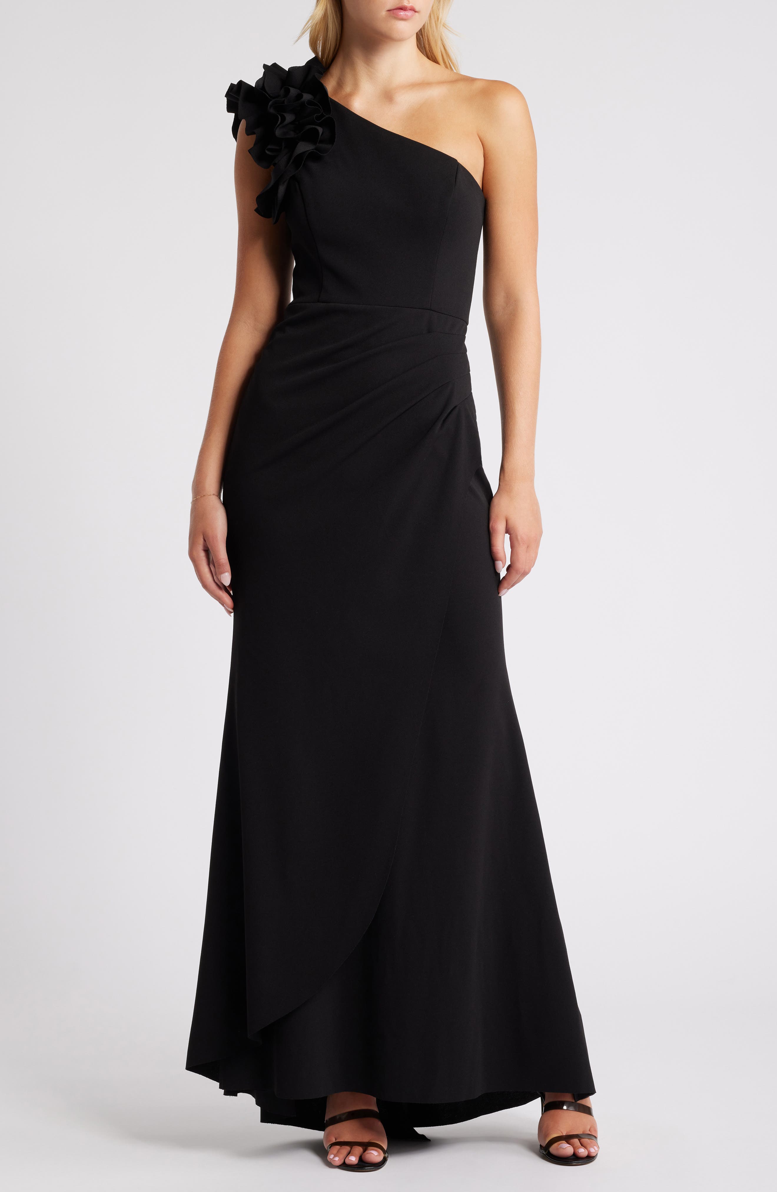 xscape one shoulder scuba dress Gwen" Techno Scuba One Shoulder Sash Dress