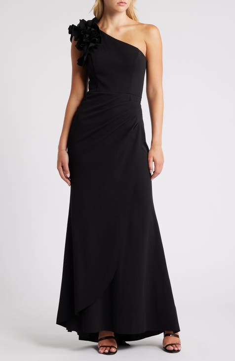 NEW Dress the shops Population Maxi Dress Black One Shoulder Chiffon Gown Sz XS Women