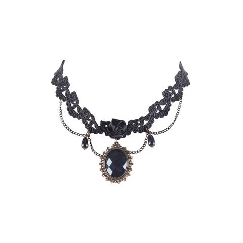 Black Gemstone Jewel & Lace Halloween Costume Choker Necklace 16"