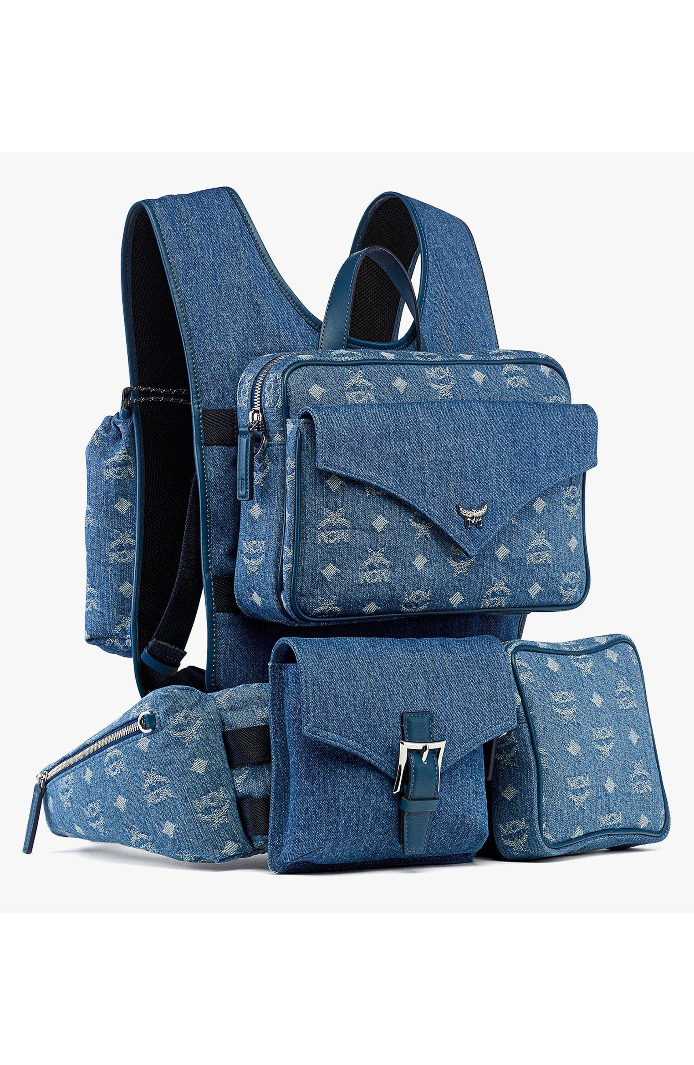 MCM Aren Multi-Backpack in Monogram Denim Jacquard, Alternate, color, Blue
