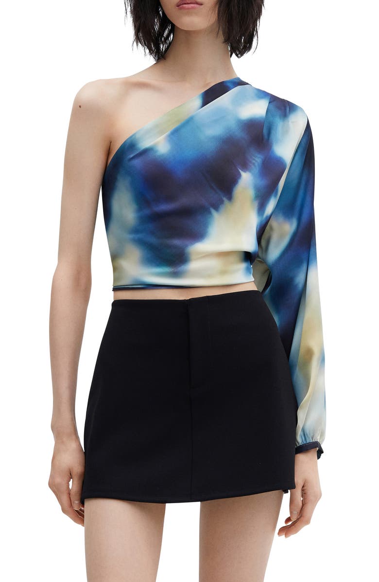 MANGO Watercolor Print Asymmetric One-Shoulder Satin Top, Main, color, 