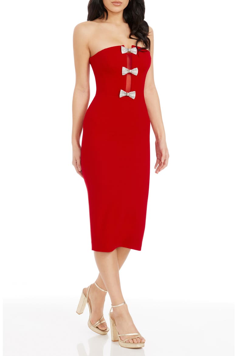 Erica Sequin Bow Strapless Cocktail Sheath Dress, Alternate, color, ROUGE-SILVER
