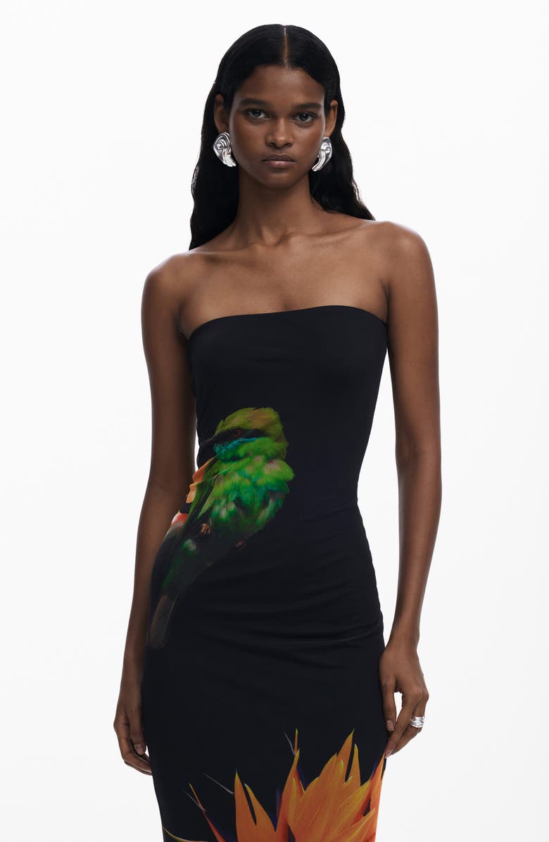 Desigual Strapless Midi Cover-Up Dress, Alternate, color, Black