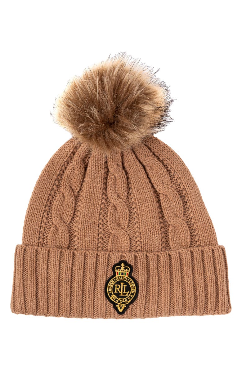 Lauren Ralph Lauren Crest Cable Knit Beanie with Faux Fur Pompom, Main, color,