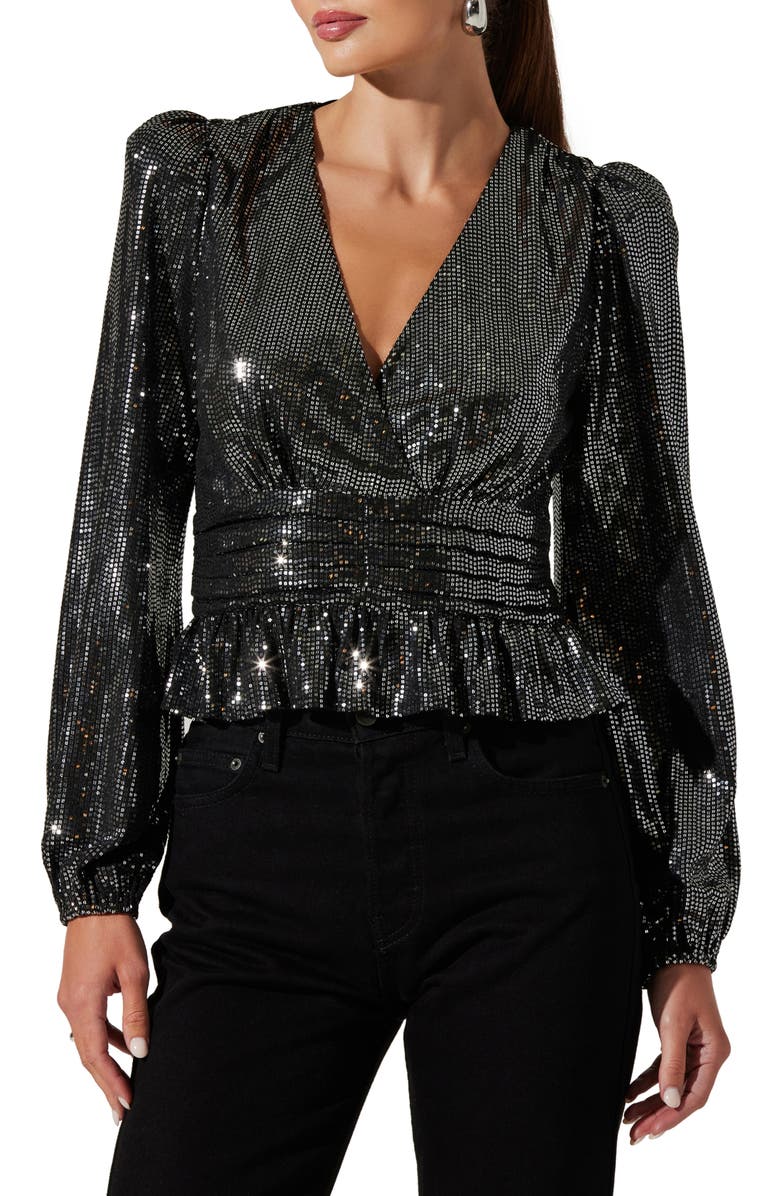 ASTR the Label Metallic Sequin Long Sleeve Peplum Top, Alternate, color, Black Silv