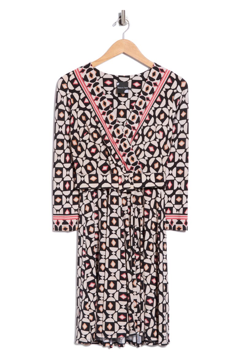 Geometric Long Sleeve Belted Dress, Main, color, BLACK/ GOLD