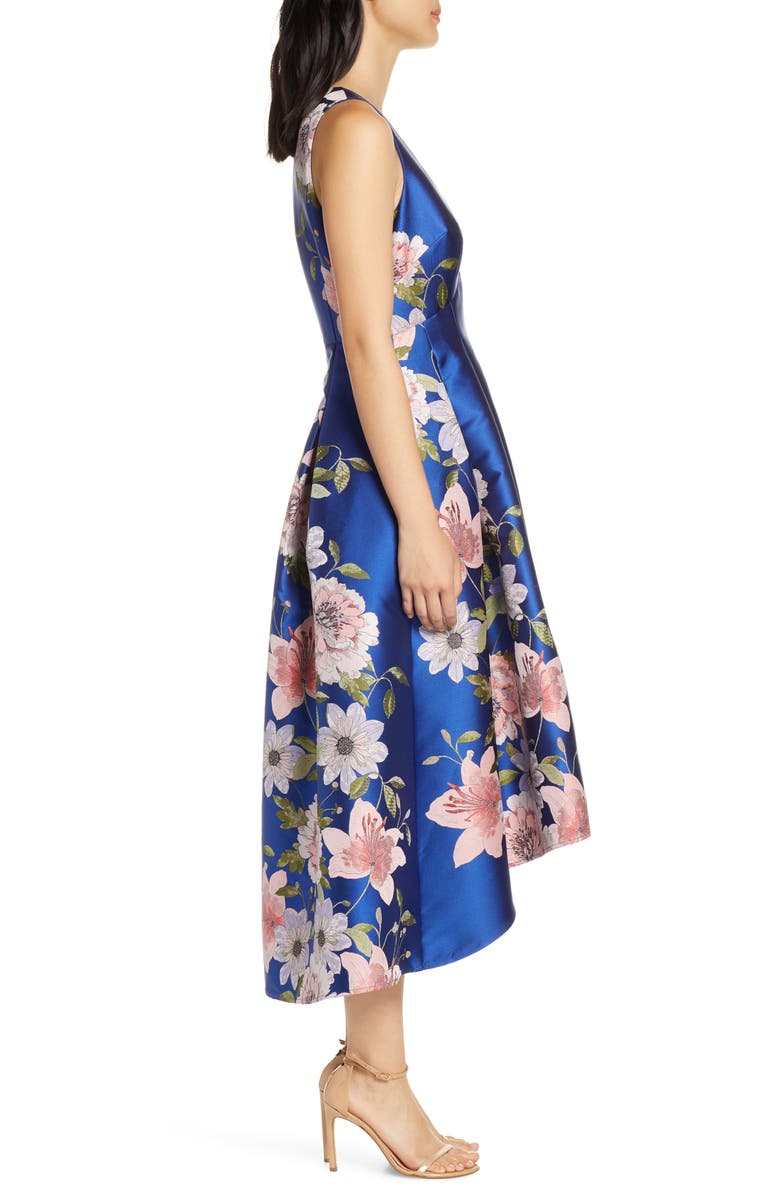 Eliza J Floral Print Satin Twill High/Low Fit & Flare Dress, Alternate, color, 
