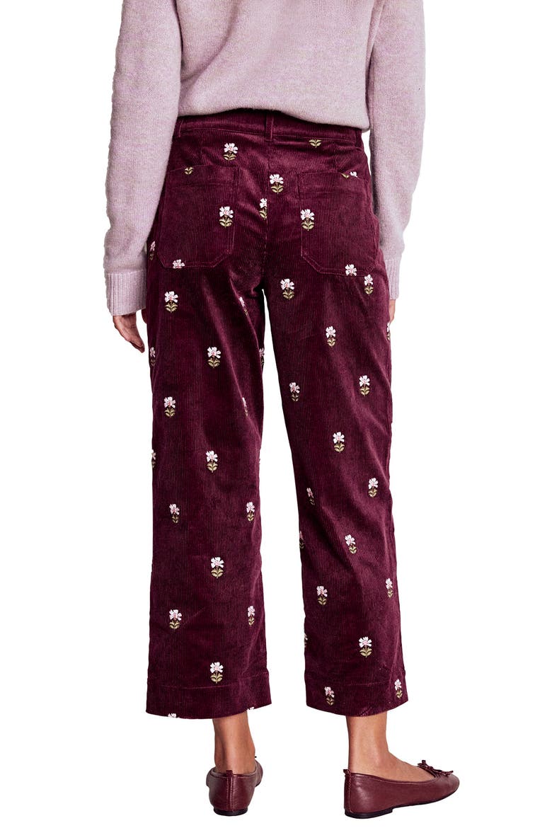 Embroidered Corduroy Ankle Pants, Alternate, color, DARK CHERRY EMBROIDERY