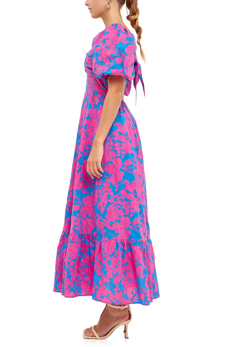 Floral Puff Sleeve Tie Back Maxi Dress, Alternate, color, BLUE/ FUCHSIA