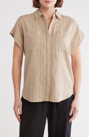 Caslon® Oversize Stripe Short Sleeve Button-Up Shirt