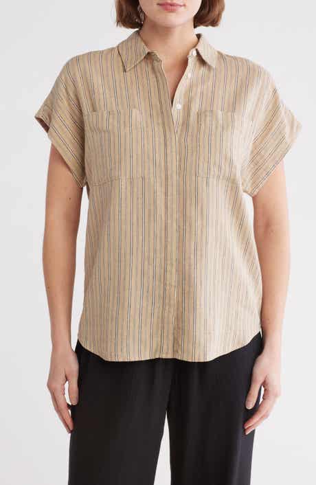 Caslon® Oversize Stripe Short Sleeve Button-Up Shirt