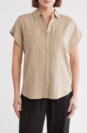 Caslon ® Oversize Stripe Short Sleeve Button-up Shirt In Tan Safari Amy Stripe