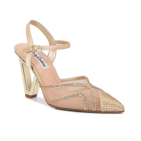 Mesh Satin Rhinestone  Ankle Strap Metallic Heel Pump