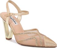 LADY COUTURE Mesh Satin Rhinestone  Ankle Strap Metallic Heel Pump