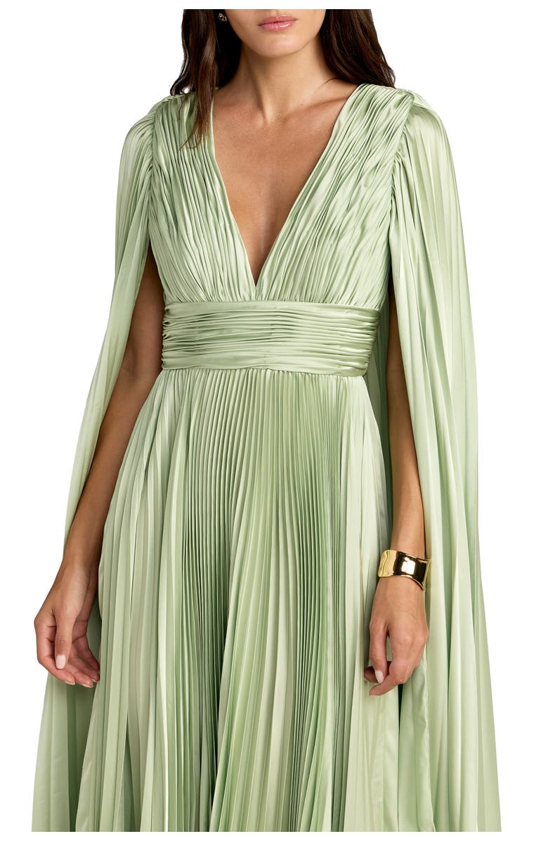 Mac Duggal Pleated Charmeuse V-Neck Gown with Cape Sleeves, Alternate, color, Sage