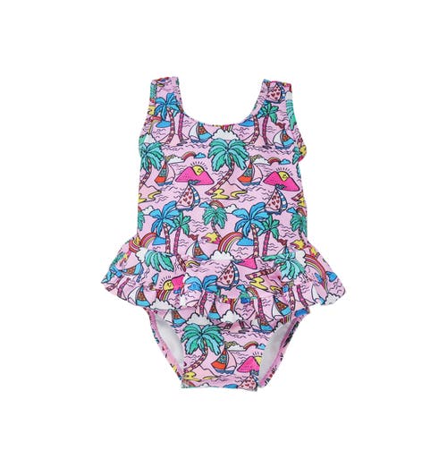Flap Happy Girl's Upf 50+ Stella Infant Ruffle Swimsuit In Island Doodles