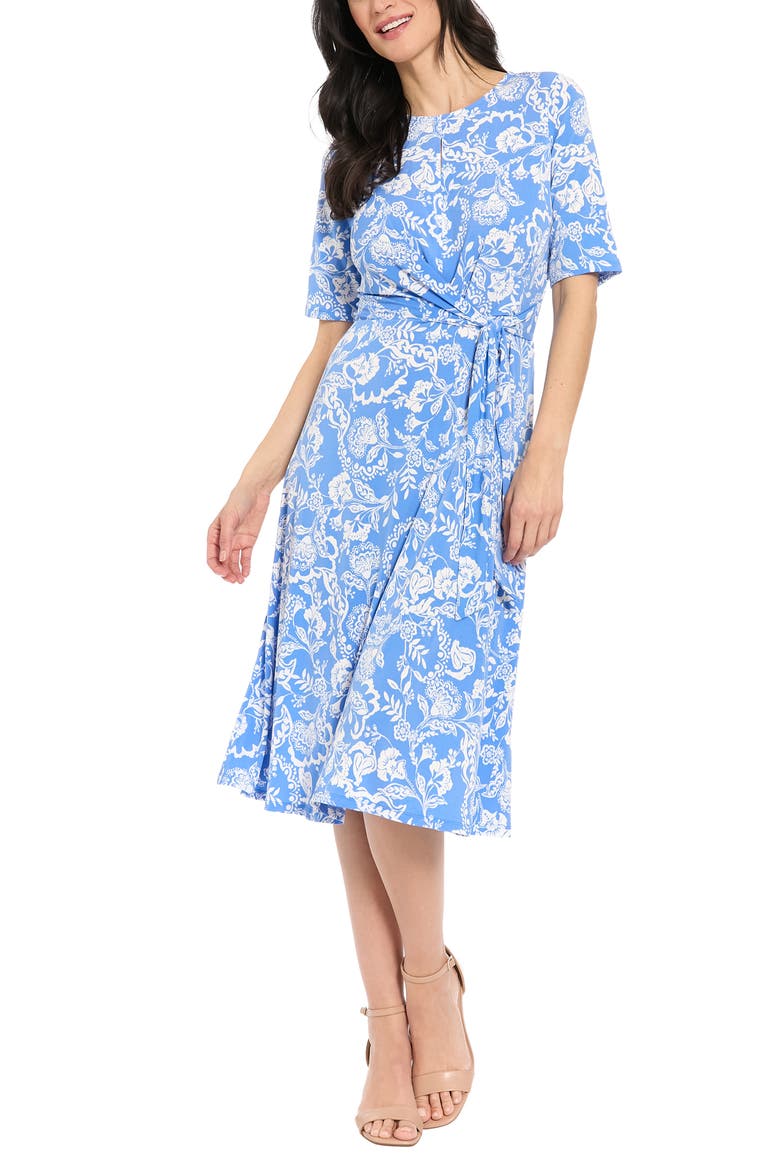 Elbow Sleeve A-Line Dress, Main, color, SKY/ WHITE