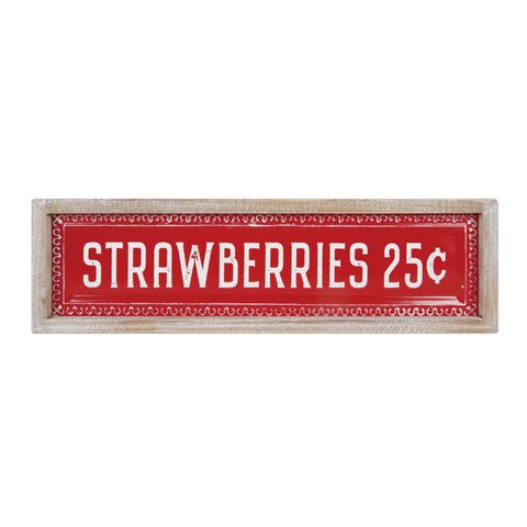 Metal and Wood Embossed Strawberry Sign Red and Brown for Spring Wall and Entryway Decor