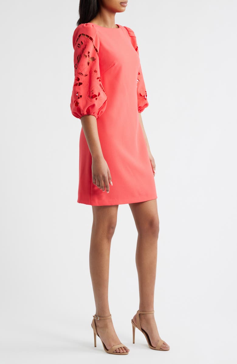 Vince Camuto Eyelet Sleeve Crepe Shift Dress, Alternate, color, Hot Coral