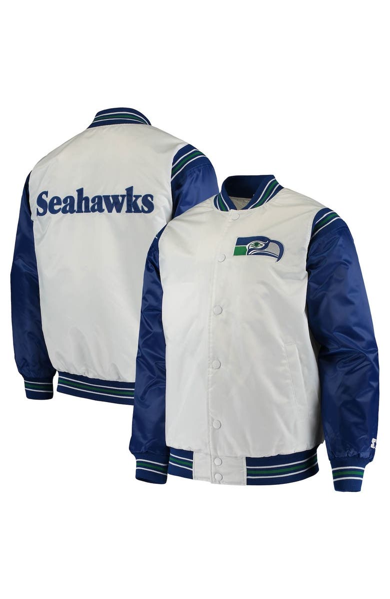 STARTER Men's Starter White/Royal Seattle Seahawks Historic Logo Renegade Satin Varsity Full-Snap Jacket, Main, color,