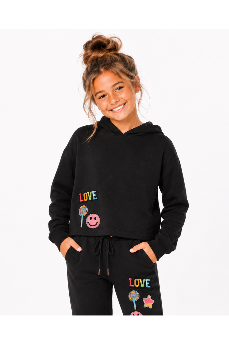 Girls' Butter Fleece Hooded Crop Sweatshirt - Big Kid, Alternate, color, Black