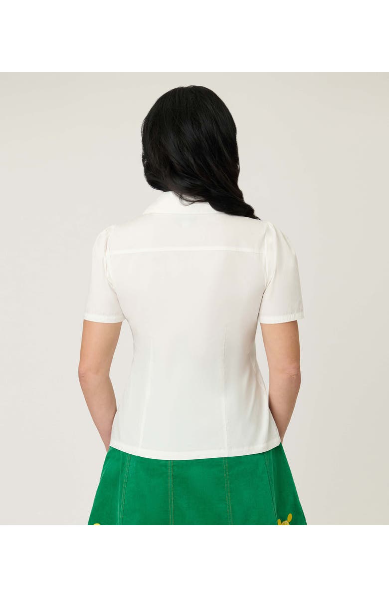 Unique Vintage 1940s Short Sleeve Collared Button Down Woven Blouse, Alternate, color, White W/ Orange & Mouse