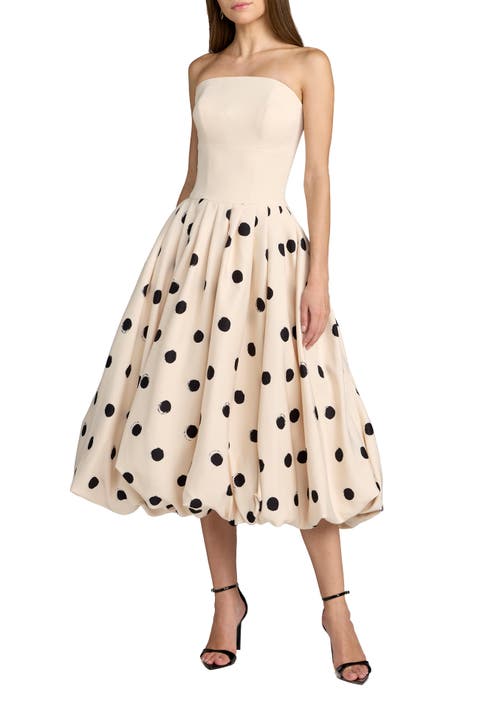 Crepe Strapless Polka Dot Bubble Skirt Midi Dress