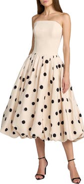 Mac Duggal Crepe Strapless Polka Dot Bubble Skirt Midi Dress