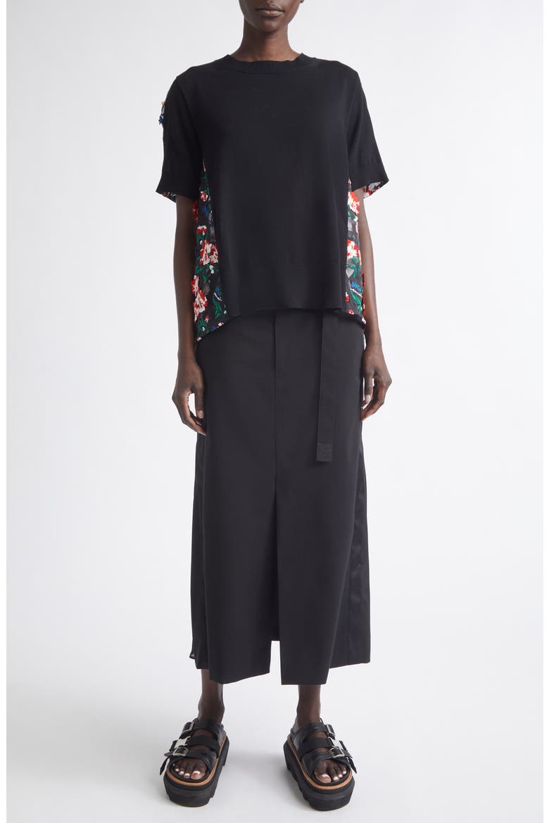 Mixed Media Embroidered Organza & Cotton Blend Pullover Sweater, Alternate, color, BLACK