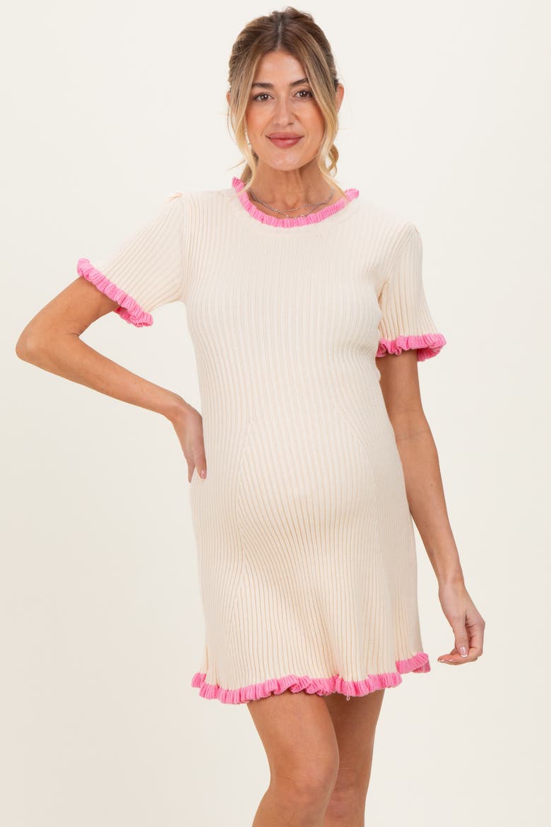 Ribbed Knit Ruffle Trim Mini Dress, Alternate, color, Cream