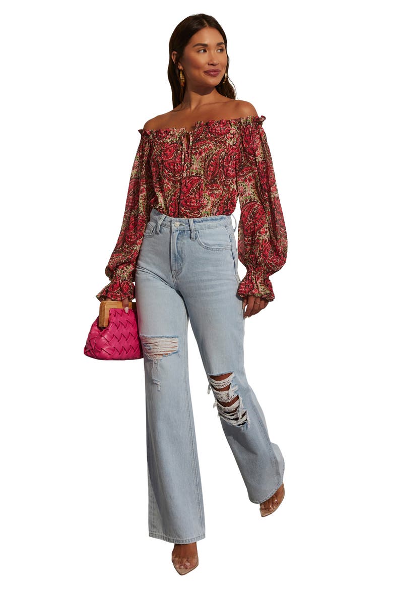 Brinley Print Off the Shoulder Top, Alternate, color, POMEGRANATE