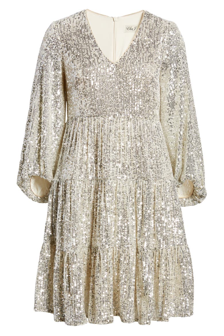 Balloon Sleeve Sequin Skater Dress, Alternate, color, SILVER