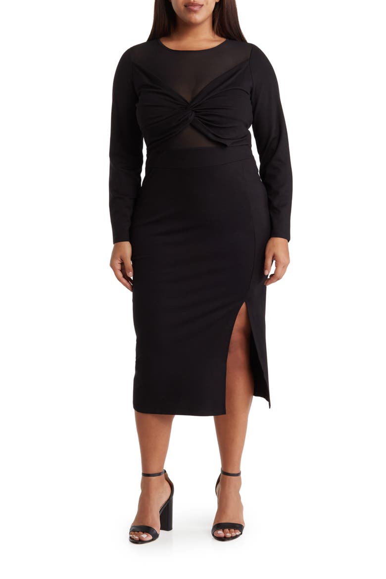Celia Long Sleeve Illusion Mesh Ponte Dress, Main, color, BLACK