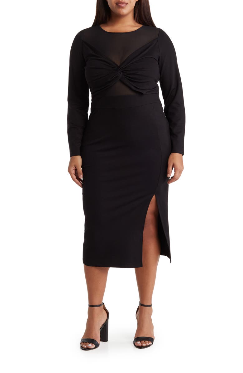 BY DESIGN Celia Long Sleeve Illusion Mesh Ponte Dress, Main, color, Black