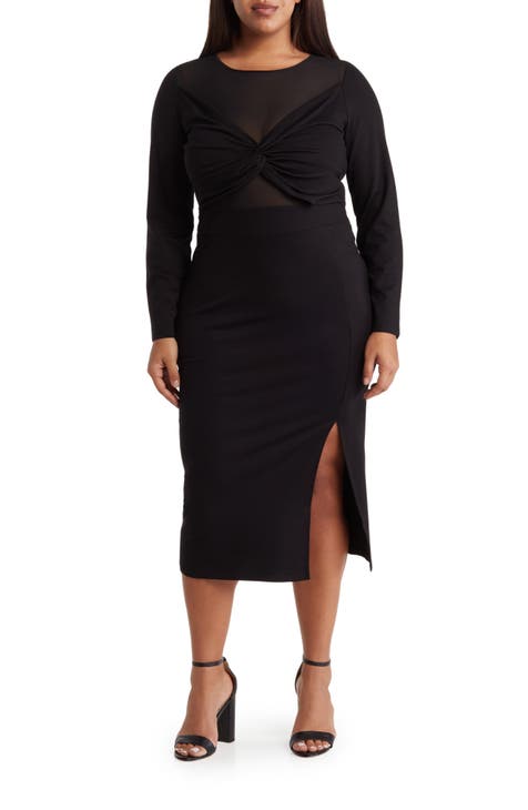 Celia Long Sleeve Illusion Mesh Ponte Dress (Plus)