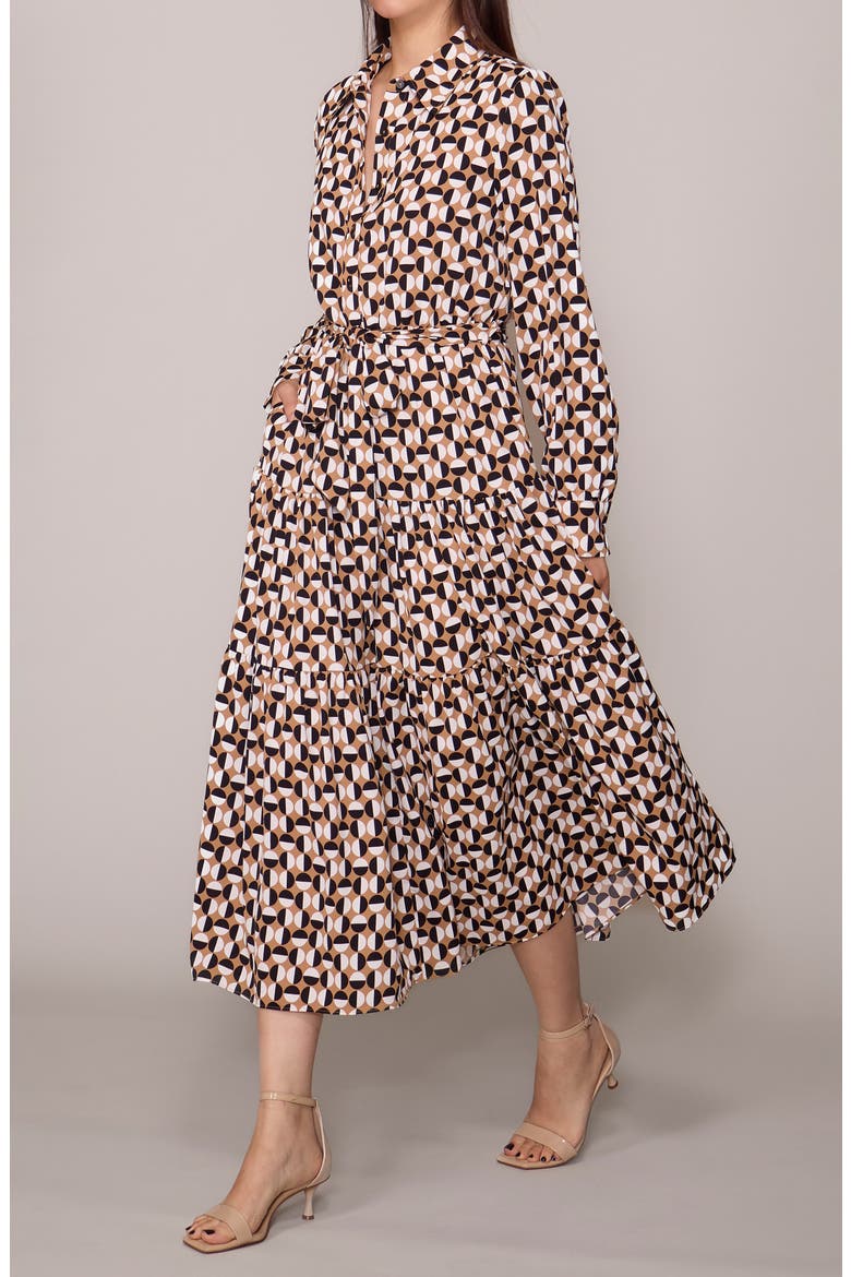 Tiered Long Sleeve Shirtdress, Alternate, color, TAN BLACK/BONE GEO