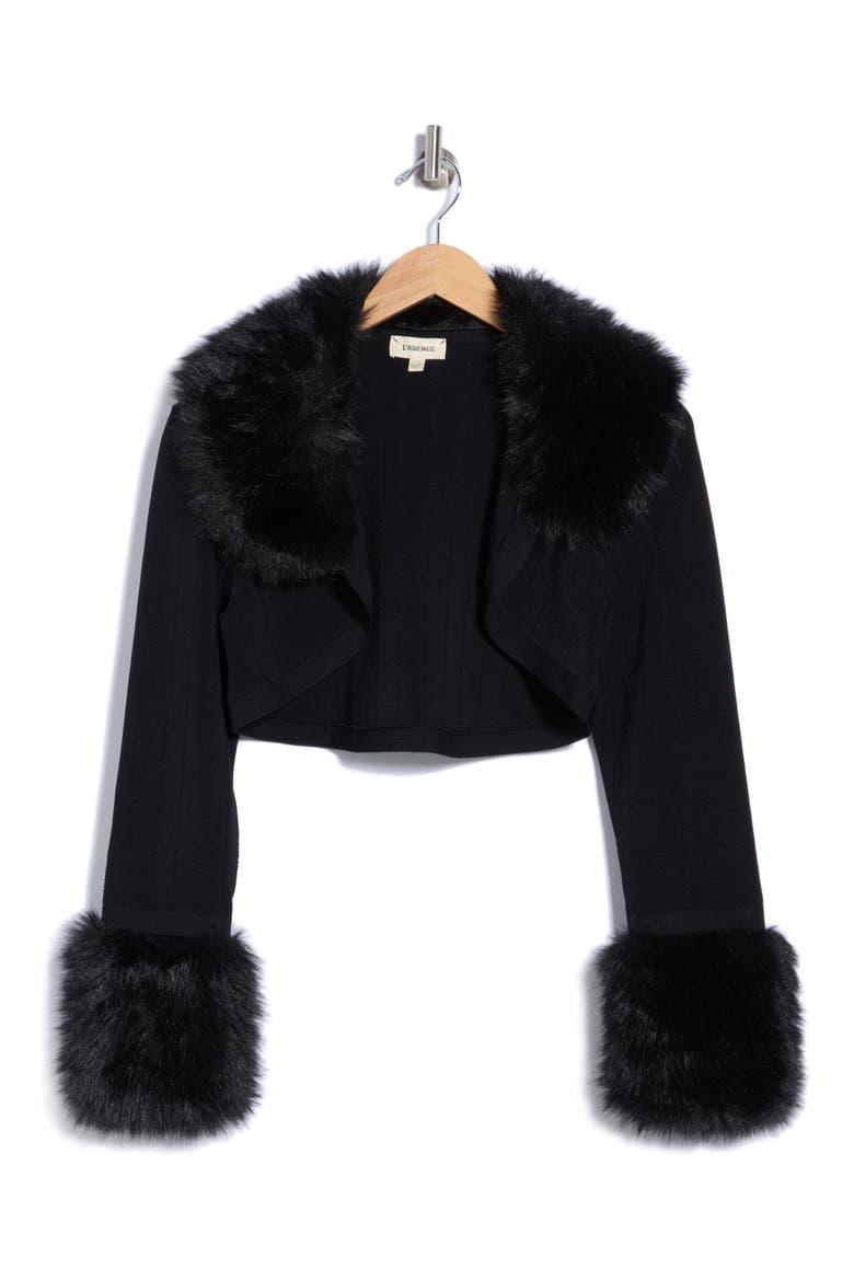Haru Faux Fur Trim Shrug, Alternate, color, BLACK