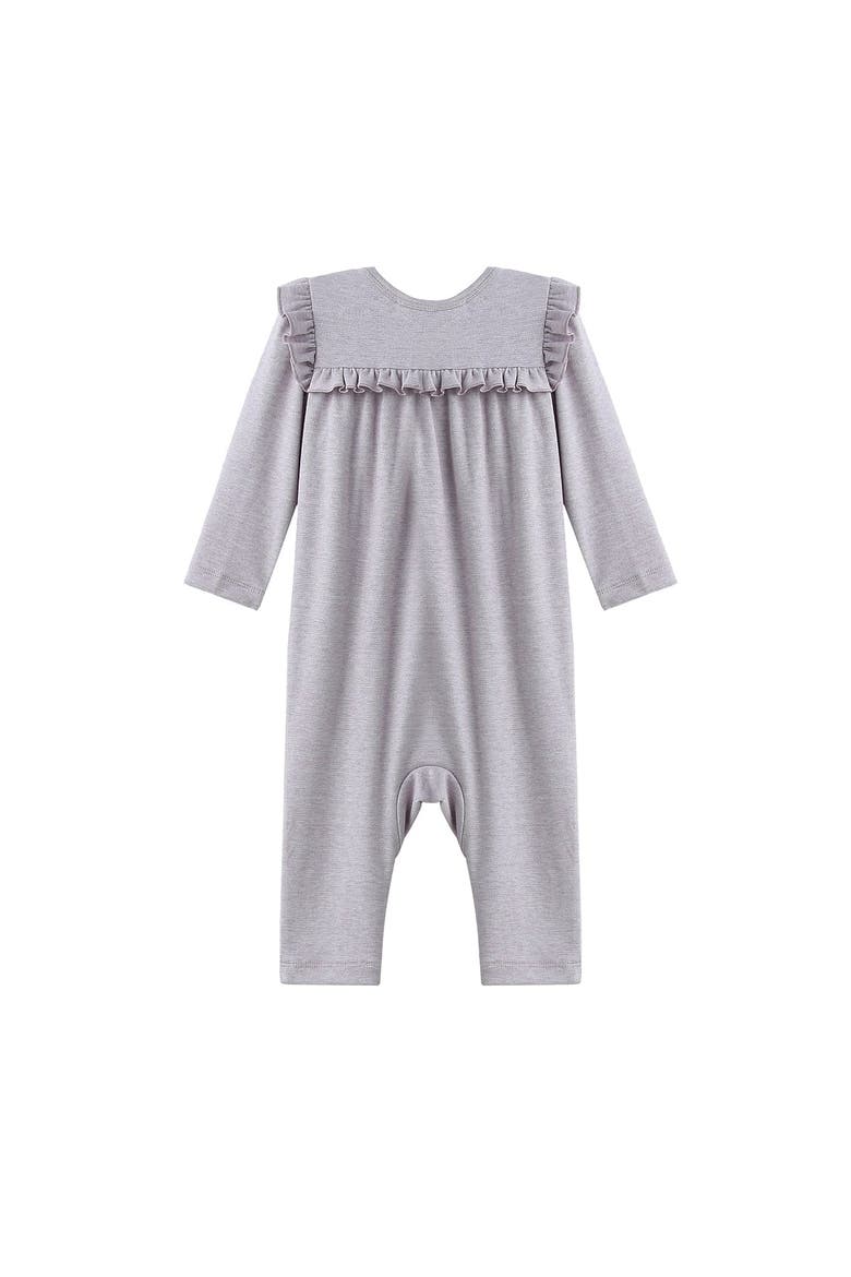 Maggie Long Sleeve Ruffle Trim Straight Leg Romper, Alternate, color, Purple