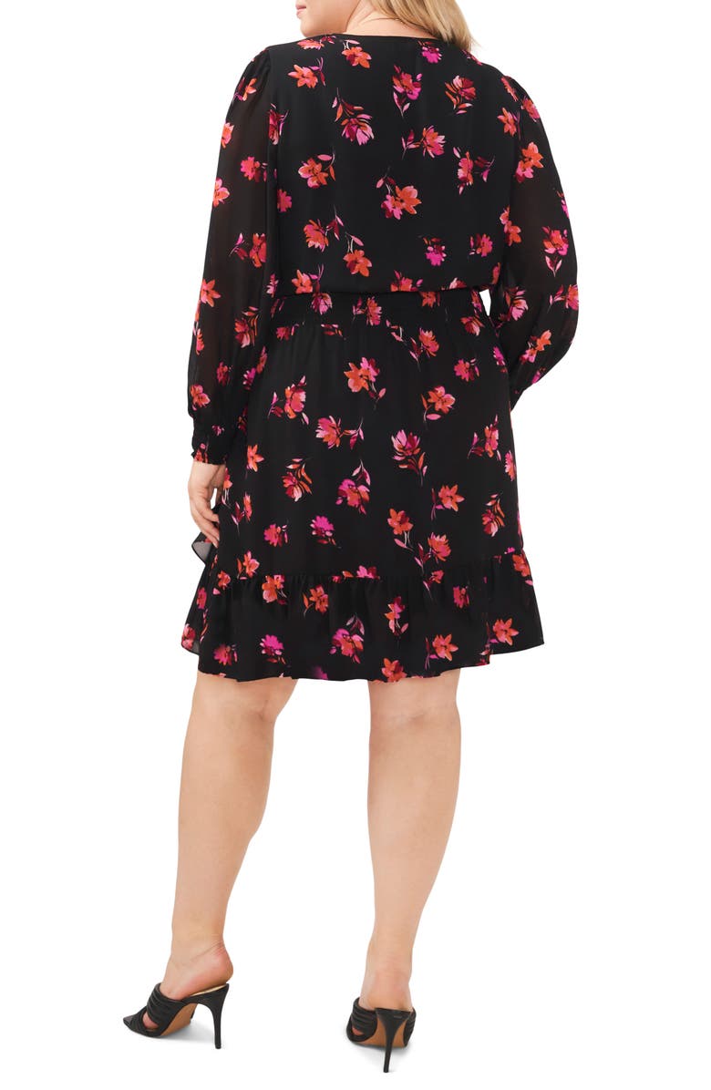 Vince Camuto Smocked Floral Print Ruffle Long Sleeve Minidress, Alternate, color, Pomegranate Pink