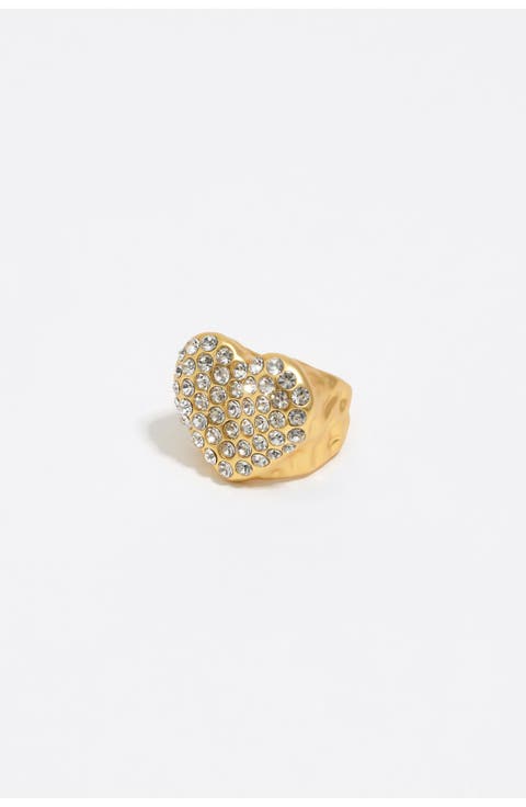 Matte Textured Heart Crystals Ring