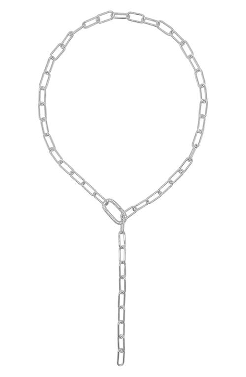 Adornia Silver Plated Paper Clip Chain Lariat Necklace With Crystal Adjustable Lock In Silver
