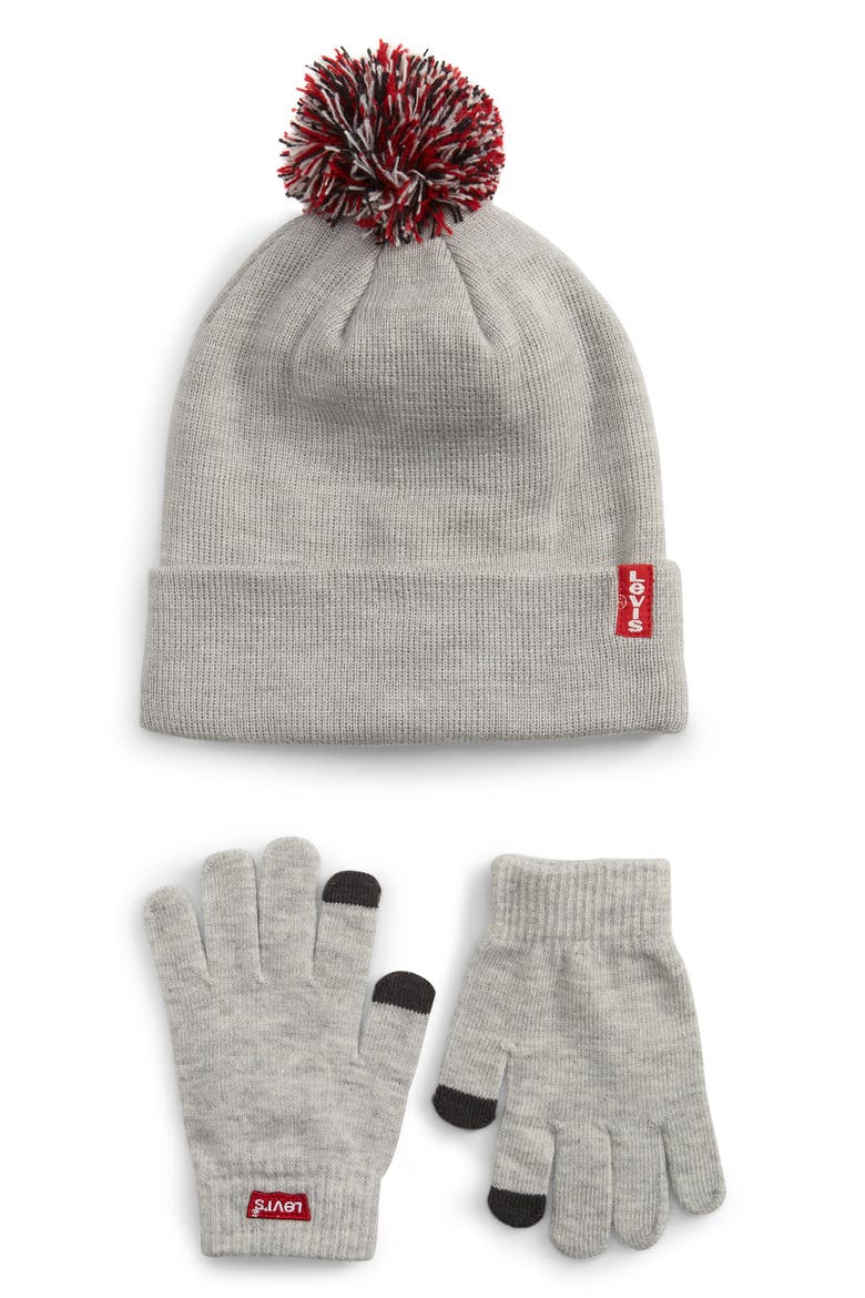 Levi's® Pompom Beanie & Touchscreen Gloves Set, Main, color, LT. GREY HEATHER