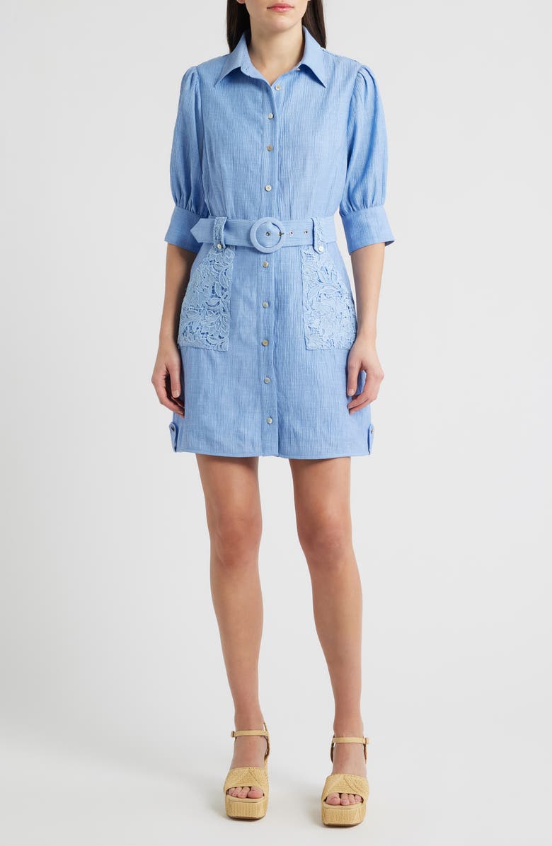 CIEBON Vivian Lace Trim Shirtdress, Main, color, Blue
