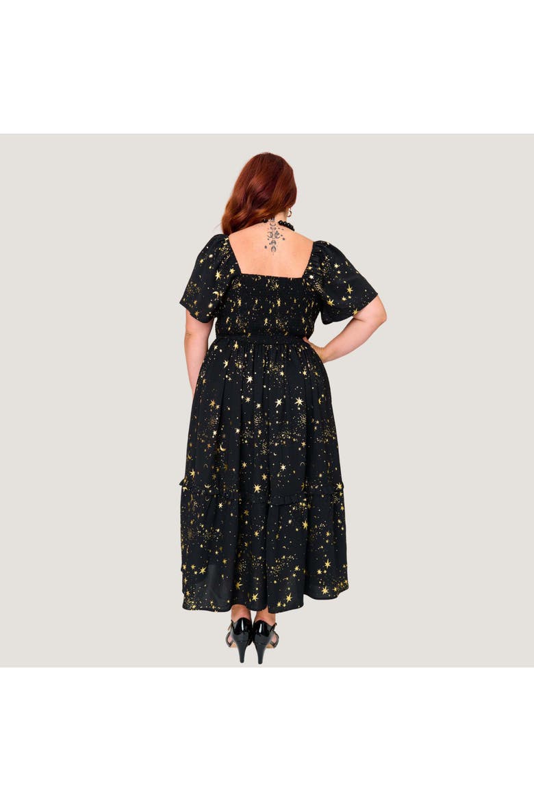 Plus Size Smocked Bodice Midi Dress, Alternate, color, Black w/ Gold Stars