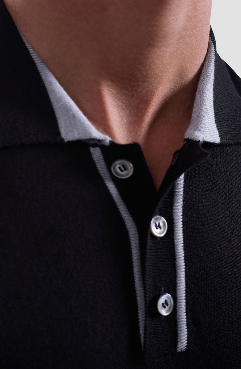 Bugatchi Tipped Merino Wool & Silk Polo Sweater, Alternate, color, Black