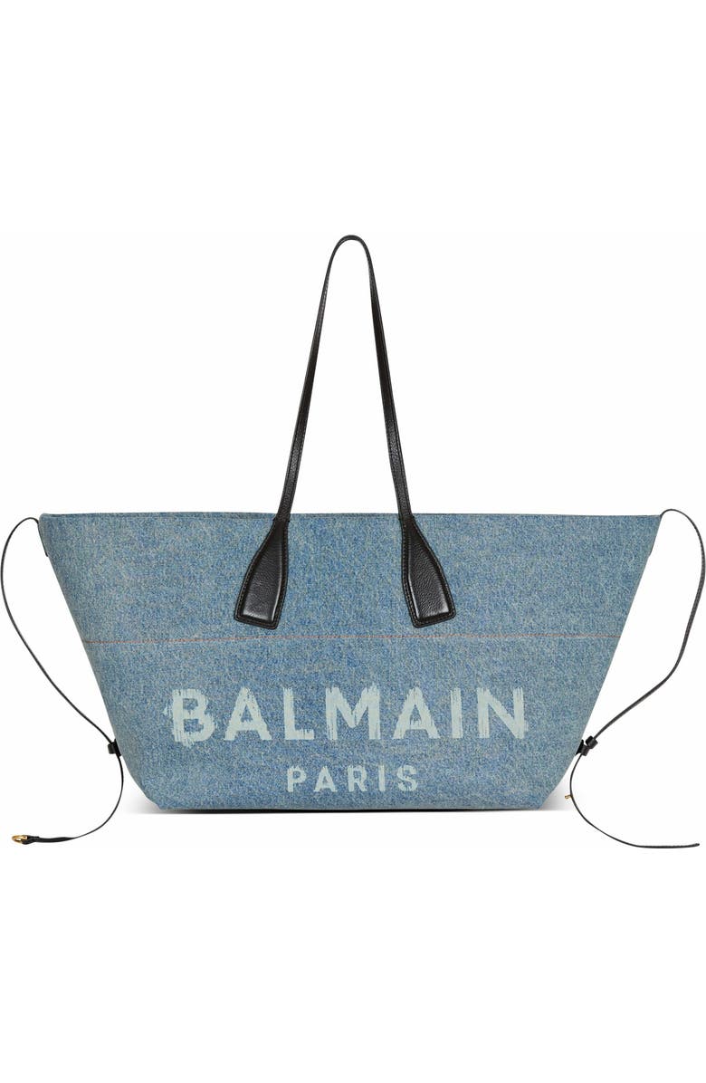 Balmain Track Denim Tote Bag, Main, color, Blue